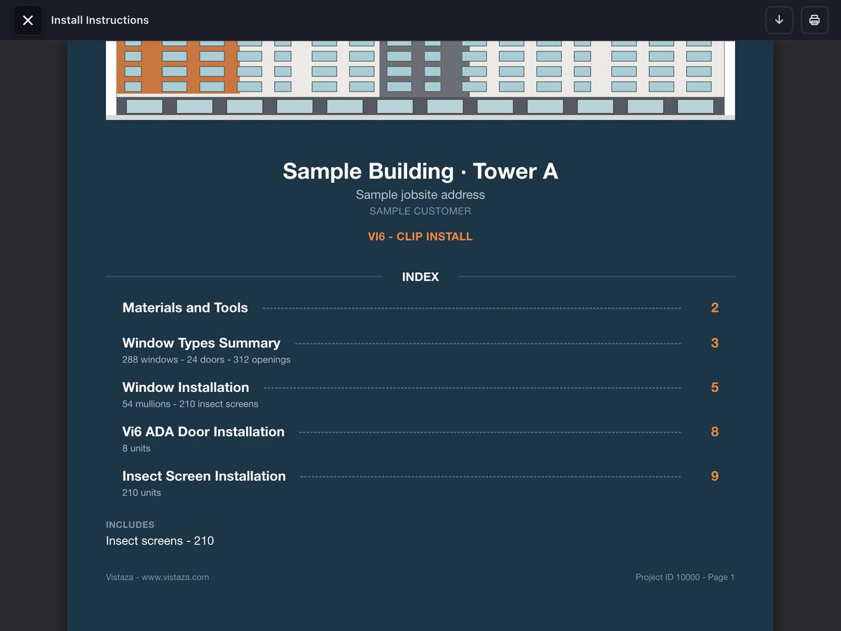 The cover and index of a job's installation instructions