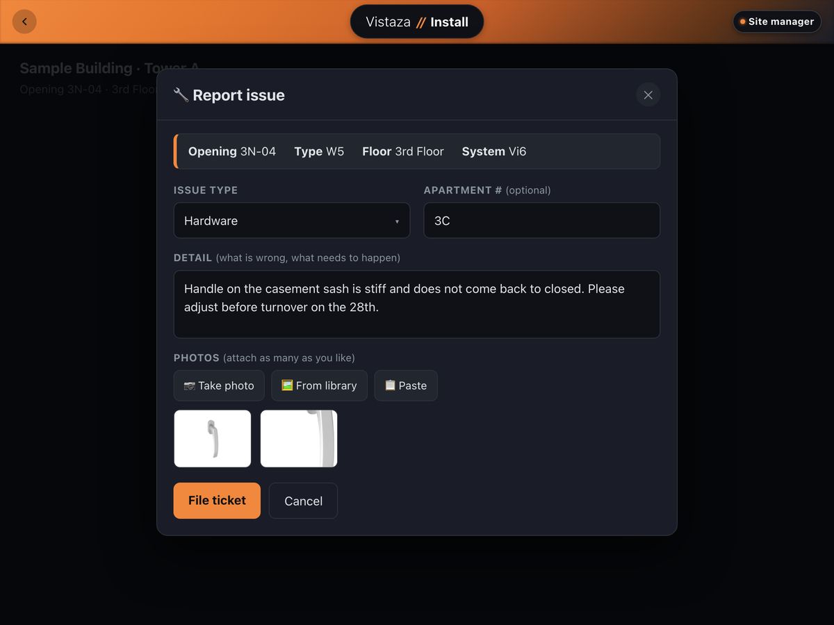 The Report issue dialog, opened from opening 3N-04: issue type Hardware, apartment, a note, two photos and a File ticket button