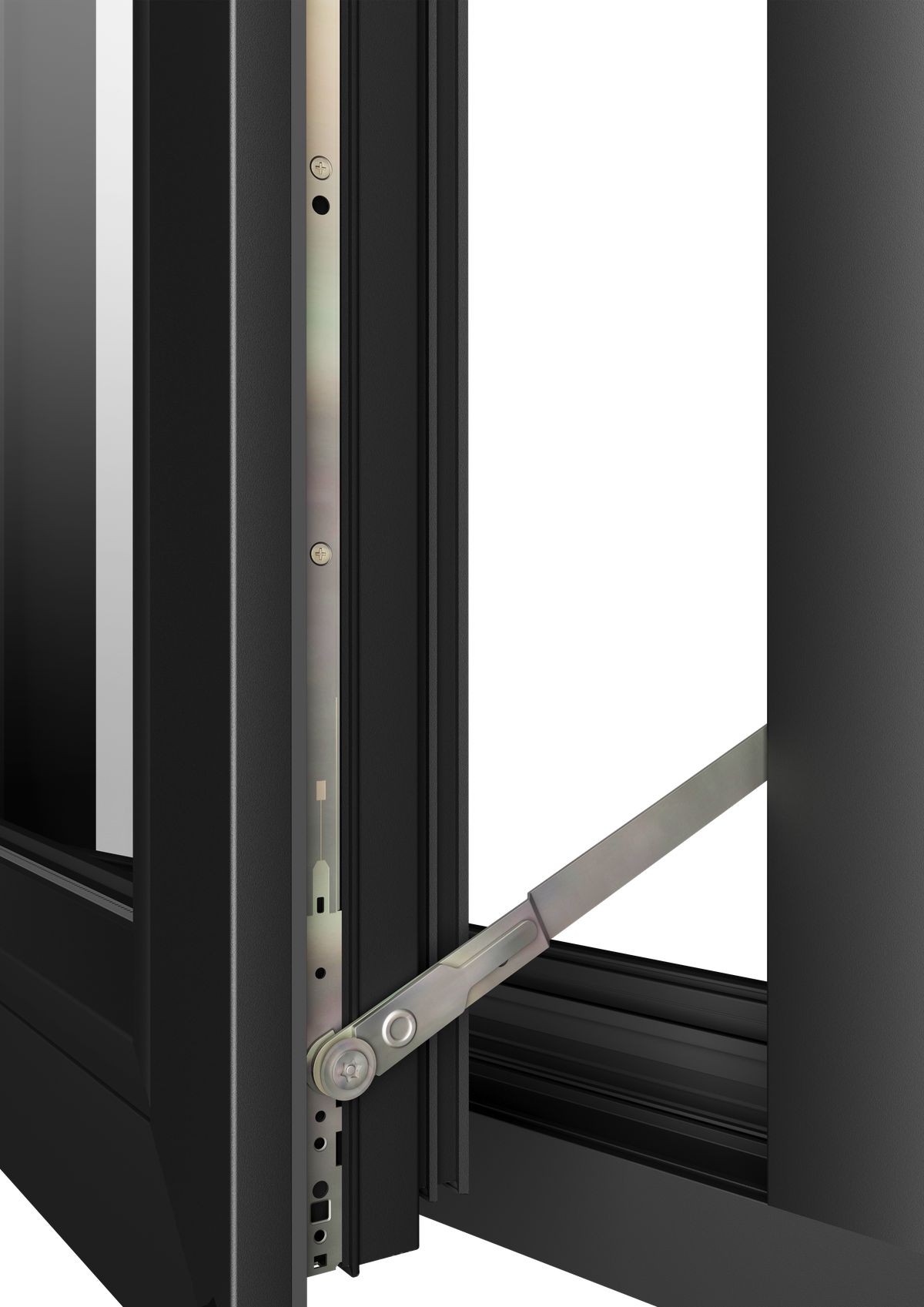 The limiter: a stay fixed to the frame at one end and the sash at the other, set to stop the sash at a fixed opening.