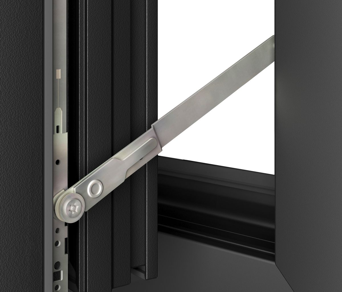 The limiter up close, at the lock side of the sash. The stay is fixed into the frame and the sash while the window is made, so there is nothing for a resident to remove, and its release takes a special tool.