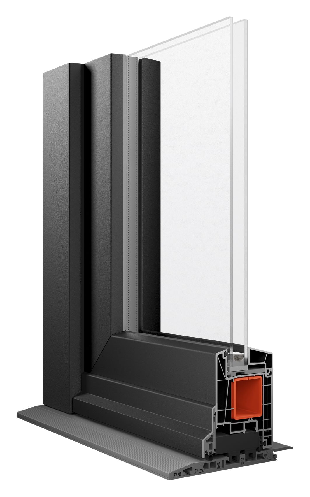 Cut-away of a terrace door corner sitting on a low, flat accessible threshold