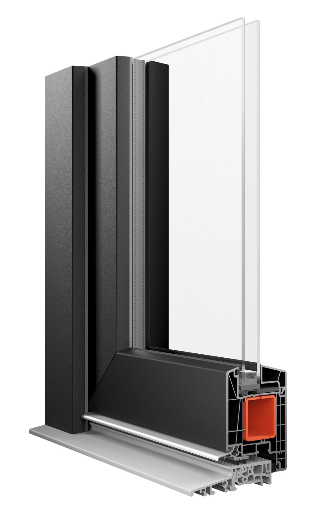 Cut-away of a Vi6 terrace door corner on the standard sill, with a raised step and a drip edge