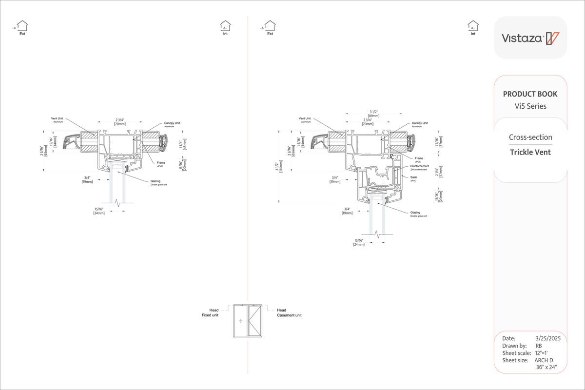 The head in section: fixed unit on the left, casement on the right. The ventilator inside, the canopy outside, the machined slot through the uPVC frame between them.