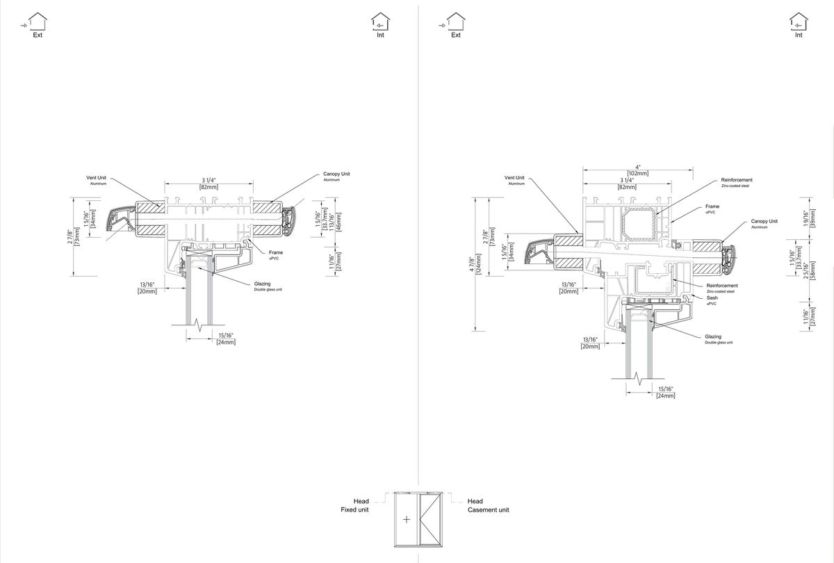 The same head on the Vi6: fixed unit on the left, casement on the right. The air path runs straight through the deeper frame, clear of the steel reinforcement.
