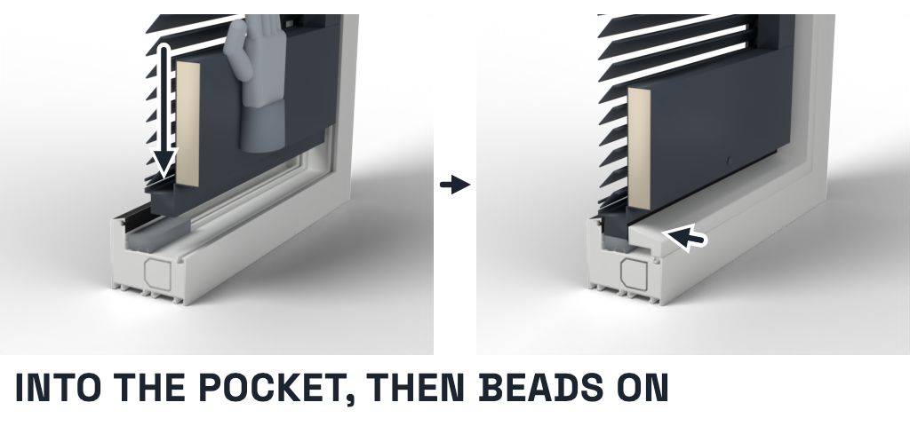 A louver band: into the glazing pocket, then the beads go on