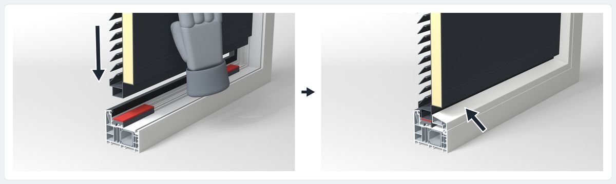 From our 3D installation instructions: the louver is set onto its two setting blocks in the glazing pocket, then the glazing bead goes on.