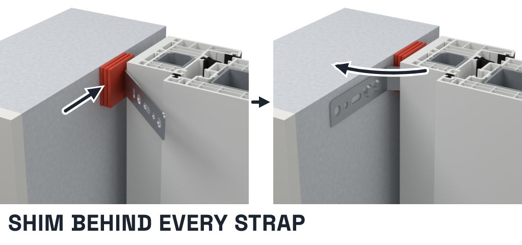 Shim behind every strap, then bend the strap over the shim