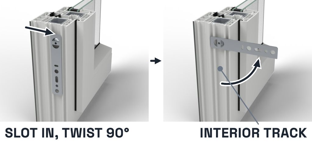 Strap install: slot the strap into the frame's track, then twist it 90°