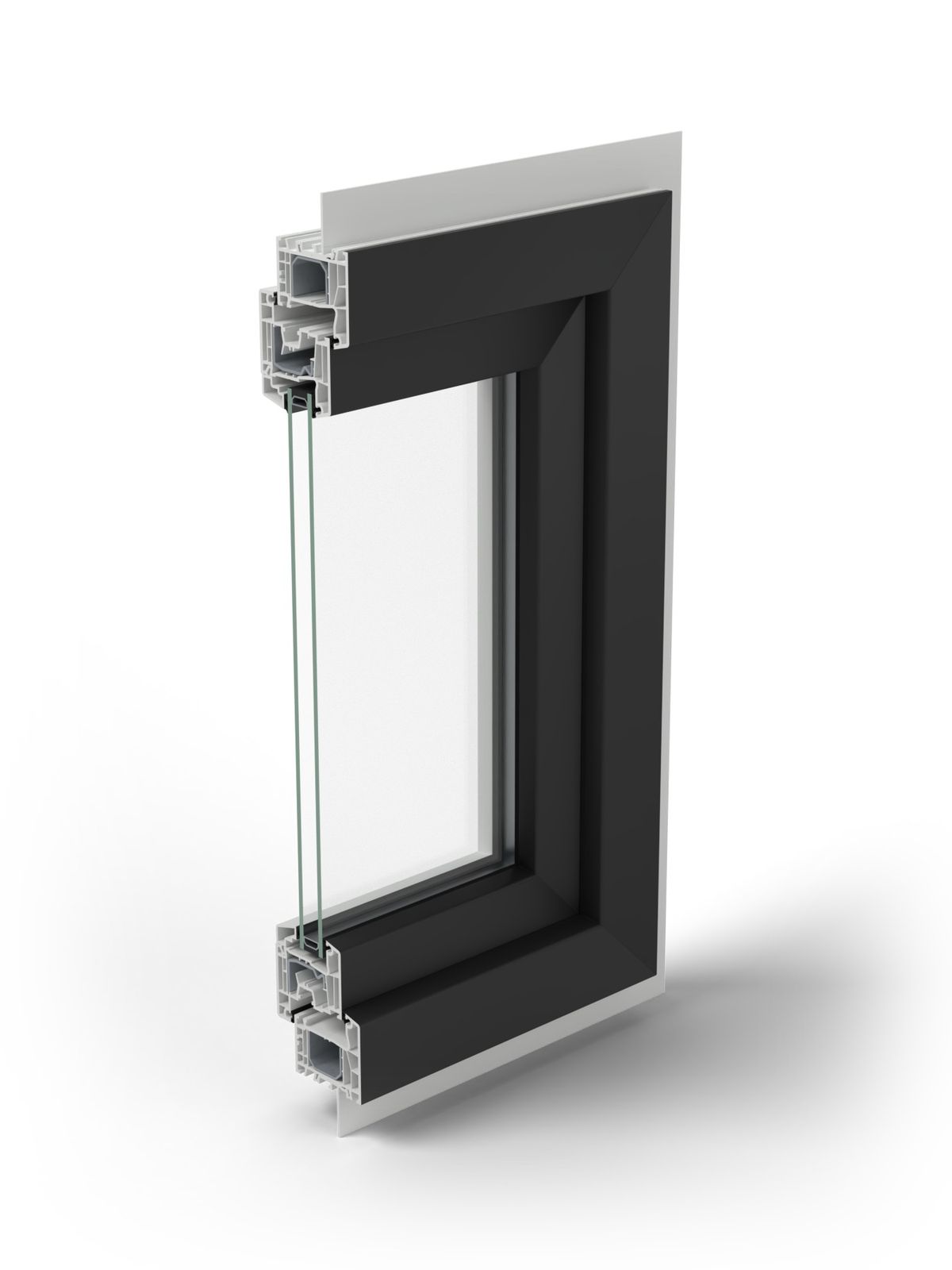Half a Vi5 window standing on its sill, with its nailing fin, cut down the middle