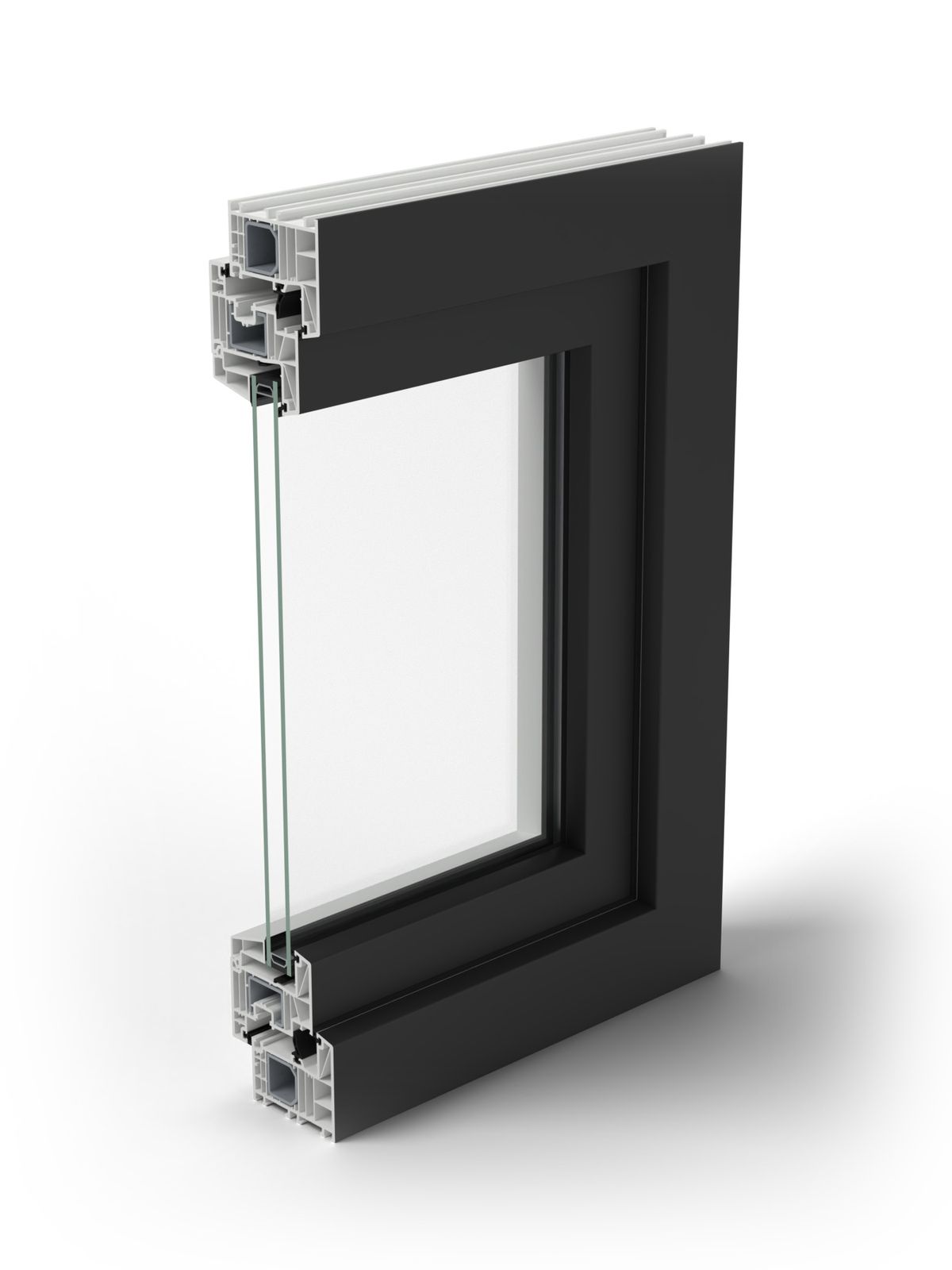 Mr. C: half a Vi6 window standing on its sill, black outside, cut down the middle so you can see the frame, the glass and the hardware