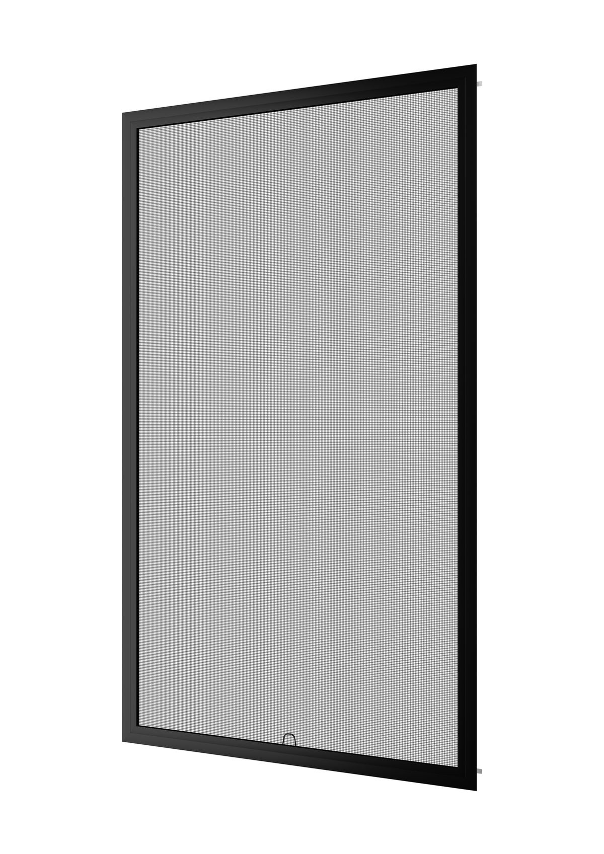 An insect screen seen at an angle: a dark aluminum frame with a fine mesh