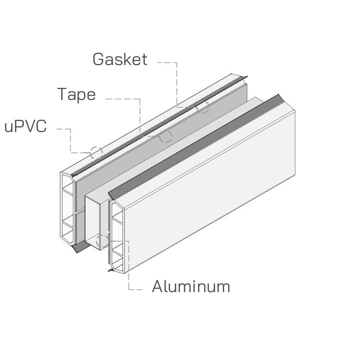 The on-the-glass bar: a uPVC bar with its tape and gasket, and the aluminum bar that sits inside the unit behind it, drawn in isometric
