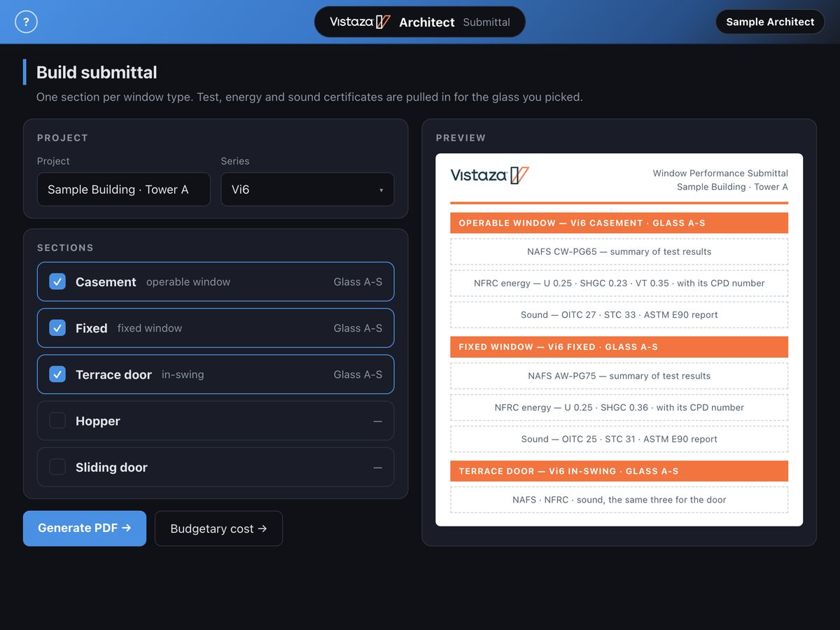 The submittal builder: window types ticked on the left, a preview of the performance submittal on the right
