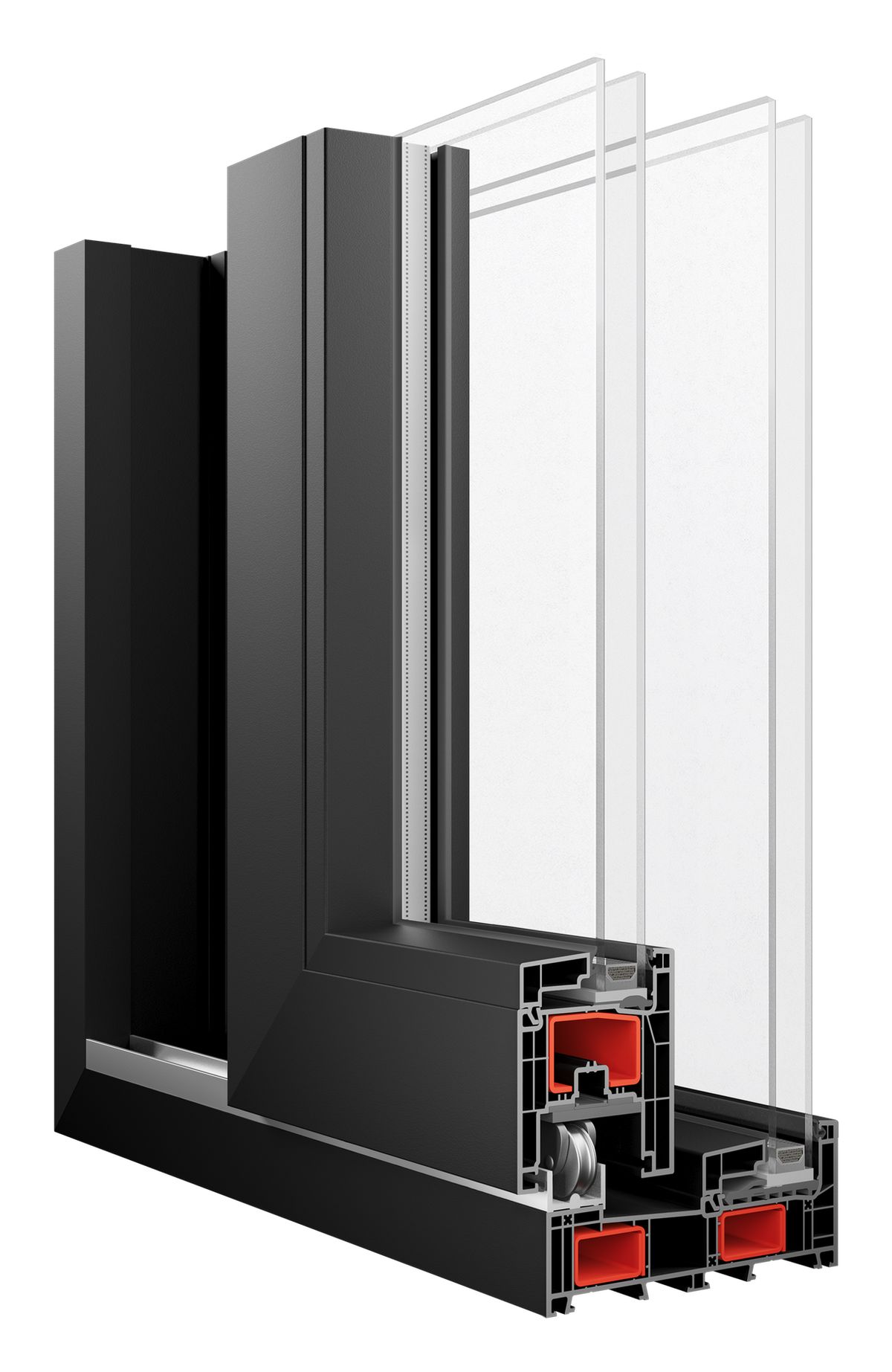 Sliding door cut open at the sill: the sliding panel's bottom rail on its roller, the fixed light beside it, and the steel cores