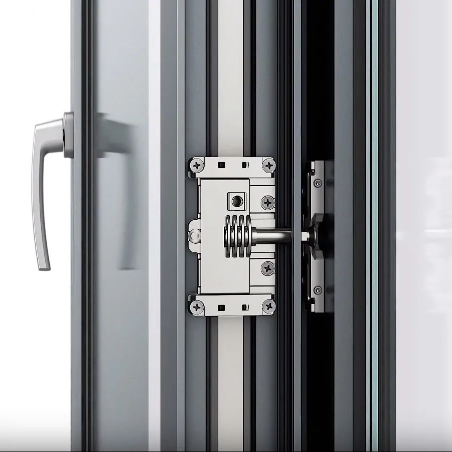 The handle and the locking gear that runs from it round the sash, exposed