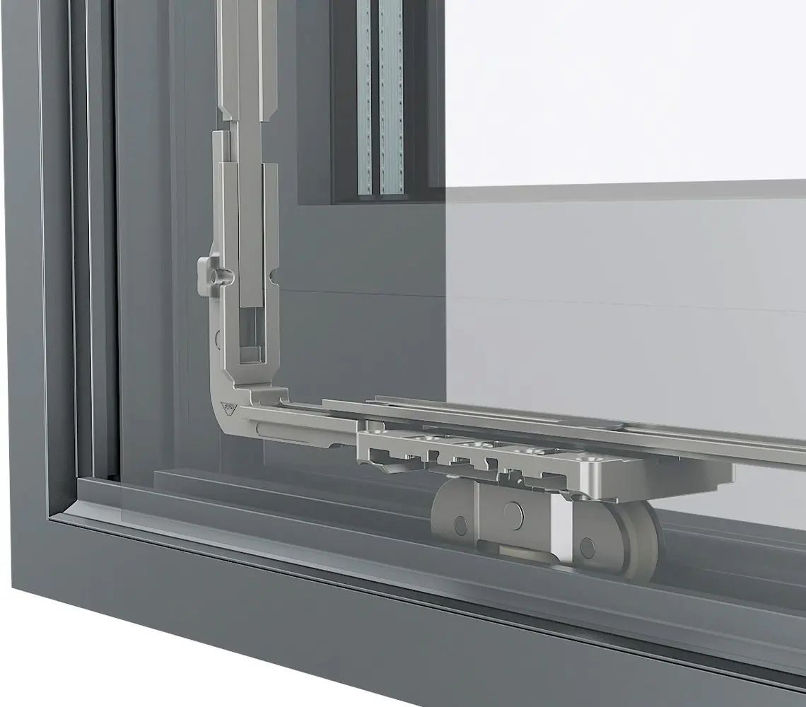 The running gear inside the bottom rail: the wheels the panel rides on