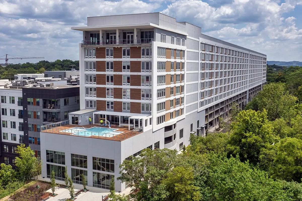 A student-housing building with Vistaza windows, seen from the air