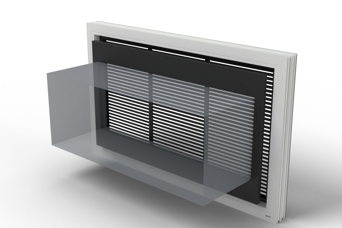 A louver in a white window frame seen from the room side, the insulated blank-off panel drawn forward off the blades, the sleeve opening shown as a see-through box