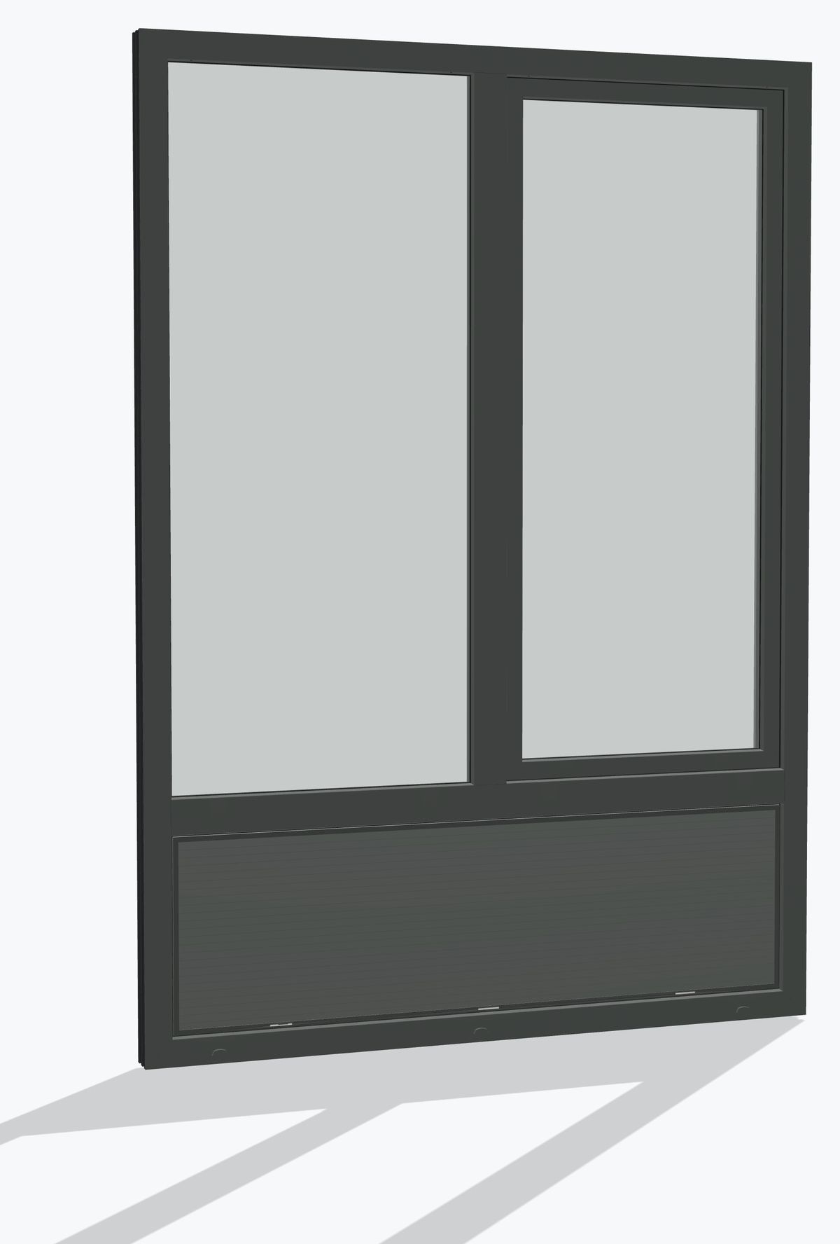 The window and its louver seen from the street at an angle from below, gray, with a long ground shadow
