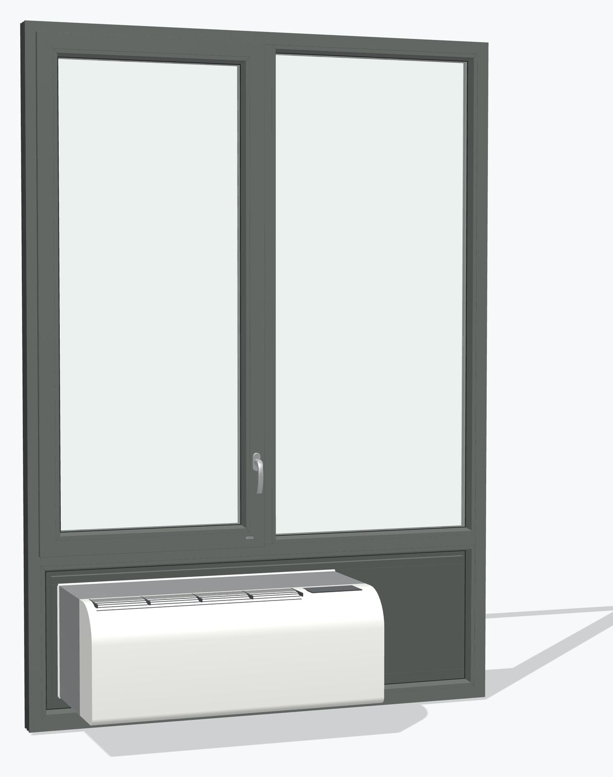 The window from the room at an angle, with a white PTAC unit in its sleeve at the left end of the louver