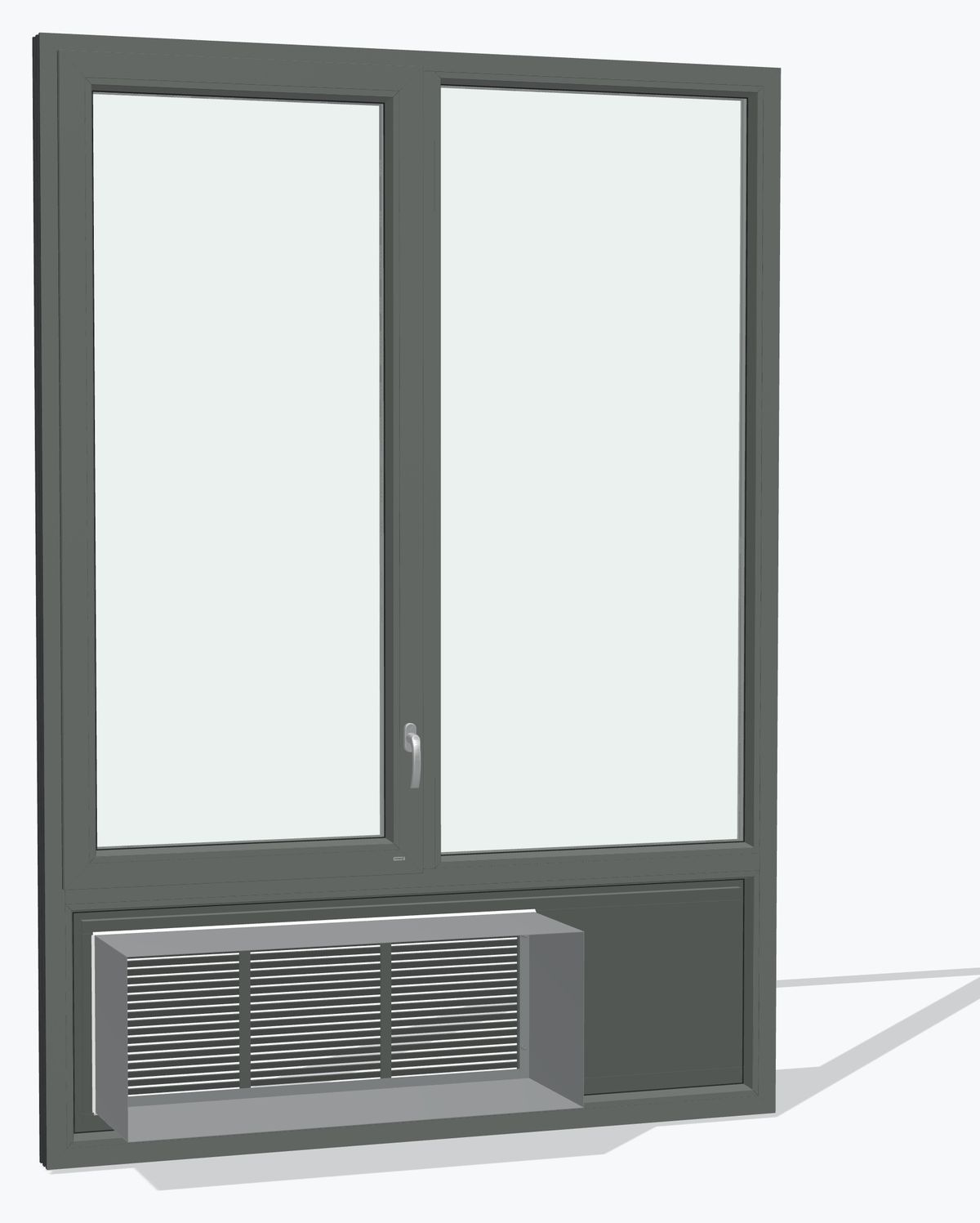 The window from the room at an angle, with the gray sleeve box in the blank-off cut-out at the left end of the louver