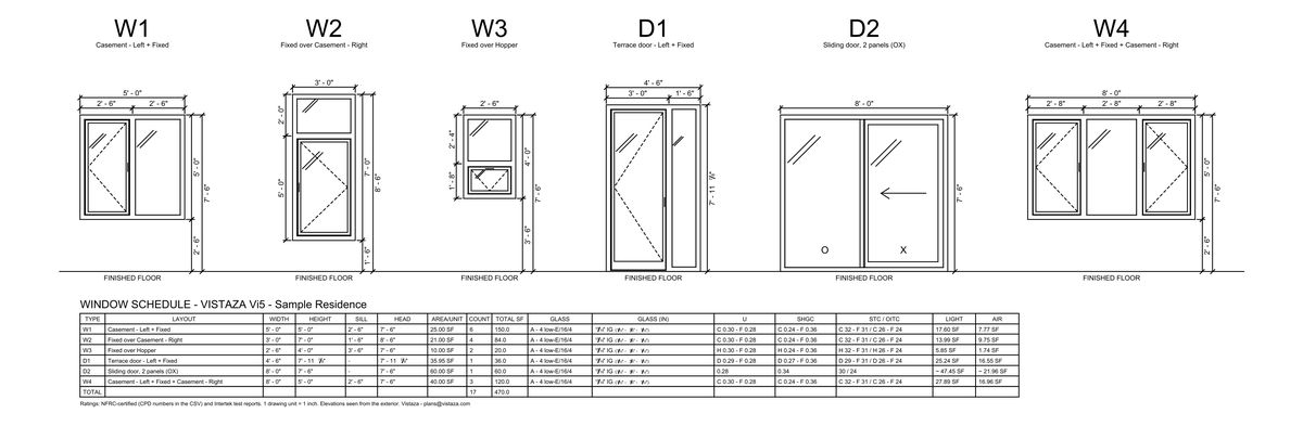 The DXF opened in CAD: every window elevation standing on one floor line, with the schedule table below