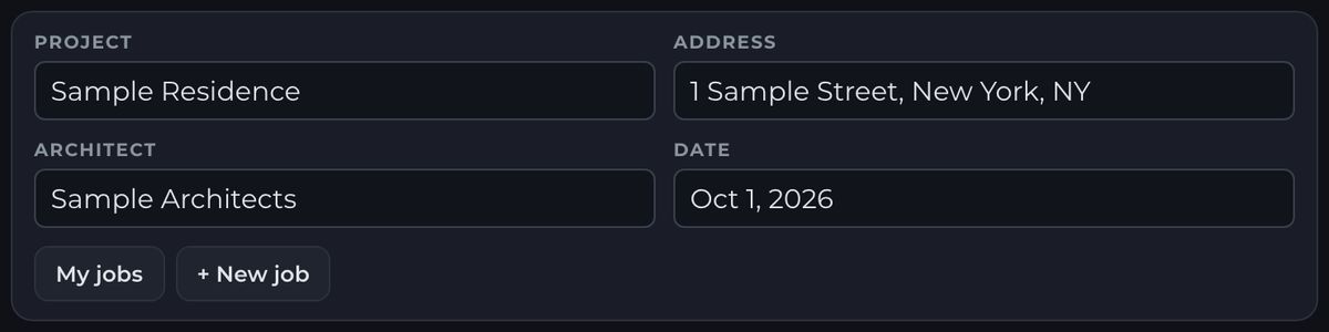 The job bar of the tool: project, address, architect and date, with My jobs and New job