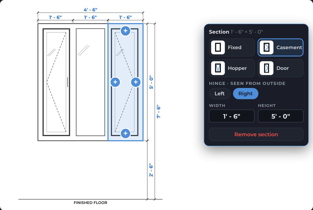 A three-section window on the drawing with the section card open: fixed, casement, hopper or door, hinge side, width and height