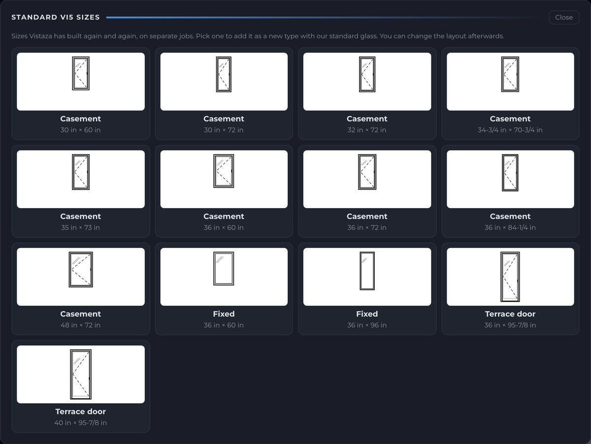 The standard sizes window: a grid of Vi5 window and door types to pick from