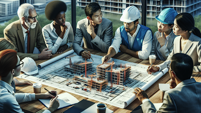 A team of architects, contractors, and developers reviewing blueprints and scaled building models—created by Vistaza.