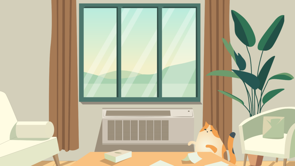 A warm indoor living room scene and a curtained three-paned window.