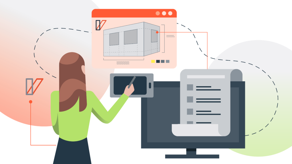 An illustration of a woman going over building codes—created by Vistaza.