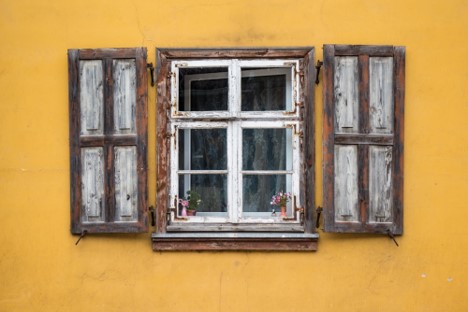 wooden window, worn, window frame