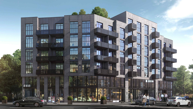 A four-story, low-rise commercial building with floor-to-ceiling glass windows on the ground floor—created by Vistaza.