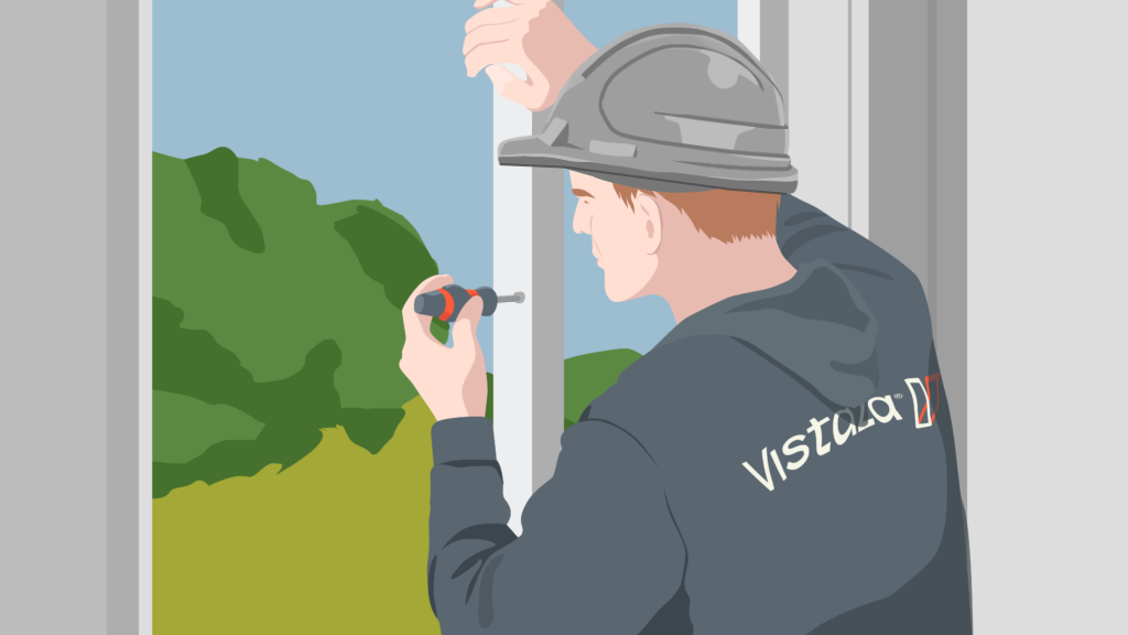 A graphic image of a man working on a window installation. Image by the Vistaza team.
