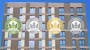 Four U.S. Green Building Council certification level badges, including LEED Certified, LEED Silver, LEED Gold, and LEED Platinum—photo by Vistaza.
